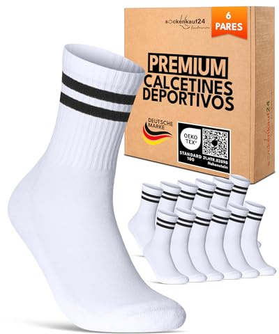 sockenkauf24 Calze Sportive Donna Calzini Tennis 6 Paia Spugna Rinforzati Crew Socks 70107T (Bianco Strisce 35-38)