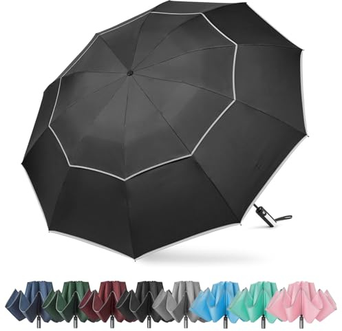 G4Free Parapluie inversé coupe-vent de 137,2 cm avec bande réfléchissante, grand parapluie de golf inversé compact pour pluie, 10 baleines, parapluie de voyage, ouverture automatique (noir)