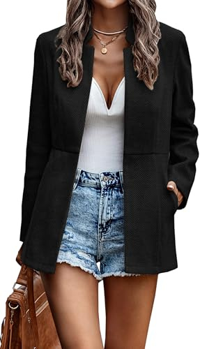 Jhsnjnr Women's Long Sleeve Elegant Autumn Jacket Office Business Mid-Long Coat Casual Open Front Tweed Blazers Solid Black