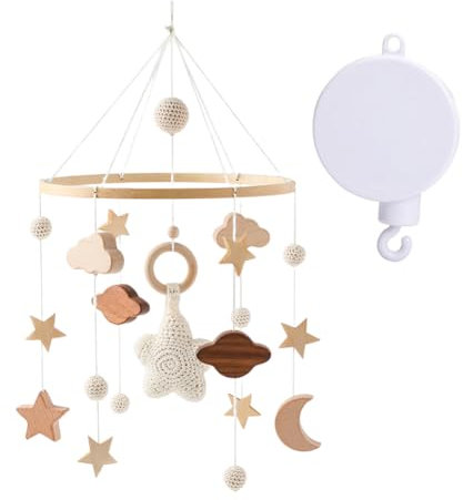 Mobile Lit Bébé, Mobile Bébé Bois avec Mobile Musical Lit Bébé en Bois Mobile Lit Carillon Éolien Bébé Cloche de Lit Carillon de Vent Cadeau pour Fille Garçon Décoration Chambre D'enfant