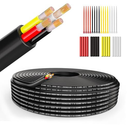 Wirelume Fil électrique 22 AWG 4 x 0,3 mm² Câble 4 conducteurs 5 V/12 V/24 V Câble d'alimentation en PVC toronné 30,48 m Câble en cuivre étamé basse tension Gaine ronde Câble