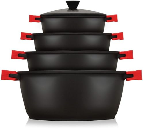 briebe Black Titanium Batería Cocina Inducción 8 Piezas Antiadherente Titanio, Juego 4 Ollas Aluminio Fundido sin PFOA, Set Cazuelas Tapas Cristal, Asas Silicona Extraíbles, Vitrocerámica, Gas, Horno