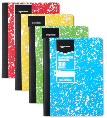 Amazon Basics Composition Notebook, College Ruled, 100 Sheets, 9.75 x 7.5, Assorted Marble Colors, 4-Pack