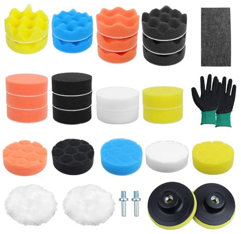 31 Pezzi Kit Lucidatrici Auto,80mm Pad Kit di Lucidatura Spugna, Set di Spugne Lucidanti con Adattatore per Trapano e Cuscinetti per Ceretta in Lana, per Auto,Lucidatrice e Ceretta