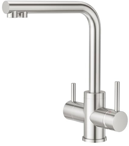 CREA Robinet de Cuisine Basse Pression,Robinet de Cuisine à 3 Voies, Pivotant 360°, Robinet d'évier pour filtre à eau,Robinet de cuisine 3 en 1 avec 2 leviers,Acier Inoxydable Brossé