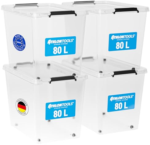 ATHLON TOOLS 4er Set 80l Aufbewahrungsboxen mit Deckel - BPA-freie & lebensmittelechte Aufbewahrungsbox mit Verschlussclips - 100% Neumaterial - Plastikbox transparent - Stapelbare Kunstoff Box