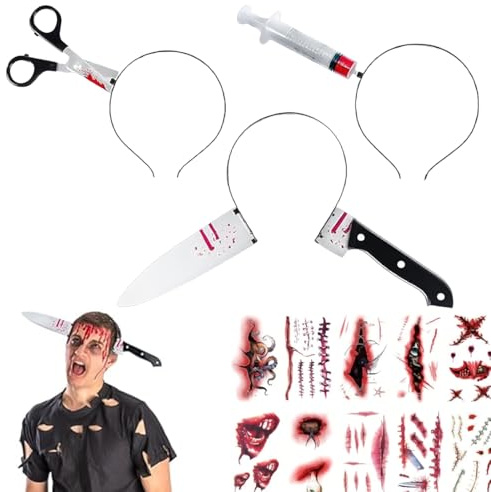 Jiounie 3PCS Bandeaux Effrayants pour Halloween, Autocollants de Tatouage Horror, Serre Tête Couteau Halloween, pour Halloween, Mascarade, Jeu De Rôle