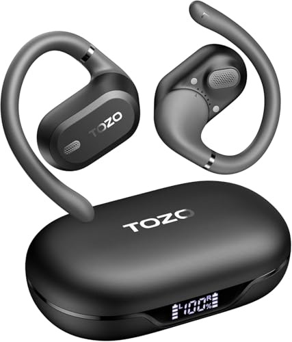 TOZO OpenWear Open-Ear Headphones, Adjustable Ear Hooks, Ultra-Comfort, Punchy Bass Bluetooth Headphones 5.4 with Smart Digital Display, ENC Noise Cancelling Running Headphones, Fast Charging