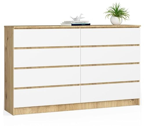 BDW: Cómoda con 8 cajones, Armario K160, aparador, Muebles para salón, Dormitorio y recibidor, Armario de Oficina, Material Resistente y diseño Moderno - 160x40x99 cm, Roble Artisan/Blanco