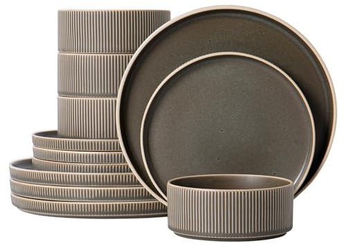 ALOFMO Dinnerware Set Service for 4, 12-Piece Ceramic Plates and Bowls Set, Chip & Scratch Resistant, Microwave and Dishwasher Safe, Modern Minimalist Tableware for Everyday Use, Matte Green