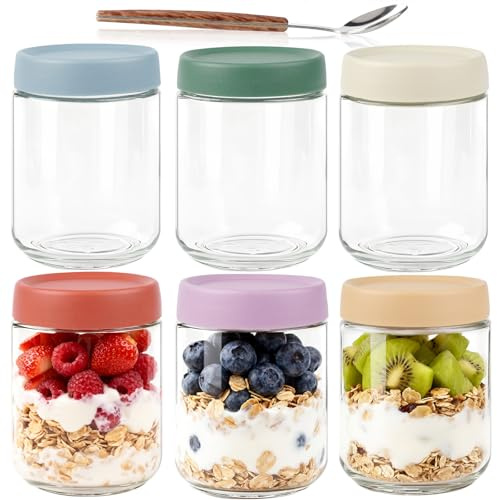 MR.KIANGCI 6 Pack Overnight Oats Jar, 500ml Glass Jars with Lids and Spoon,Reusable Wide Mouth Mason Jars Overnight Oats Containers for Yogurt,Snacks,Fruit,Salad Dressing,Snacks,Leak Proof