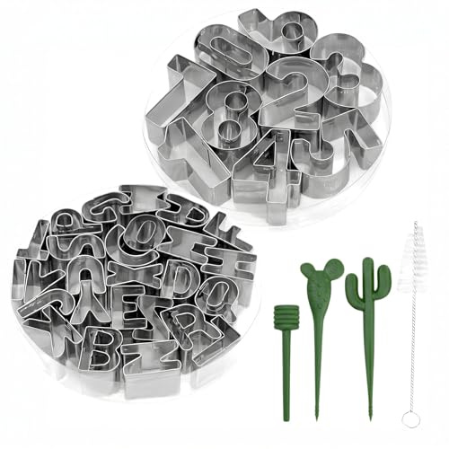 39 Stück Edelstahl Alphabet und Zahlen Ausstechformen, Keksausstecher Edelstahl, Kombination Plätzchenformen mit Reinigungsbürste Entformungsstab für Kekse Fondant Teig Tortendekorationen