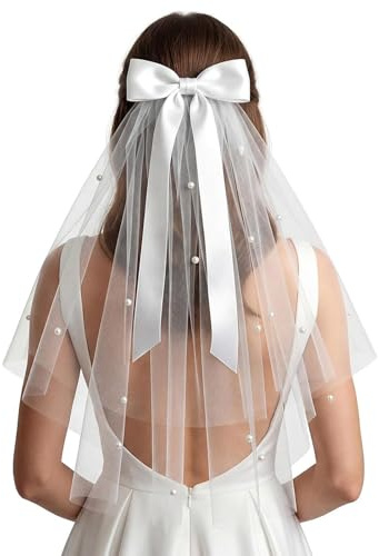 Bride Veil,White Hen Do Veil with Bow & Pearls,Bride to Be Veils,Elegant Tulle Wedding Veils with Clip,for Women Hen Night Party Bridal Shower,Bridal Bridesmaid Gift,Hair Accessory