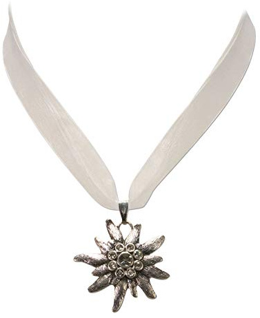 Collar tradicional de cinta de organza con Edelweiss de cristal - collar de organza edelweiss para blusa tradicional y el pantalón de cuero, joyería Dirndl piedra de cristal para Oktoberfest (blanco)