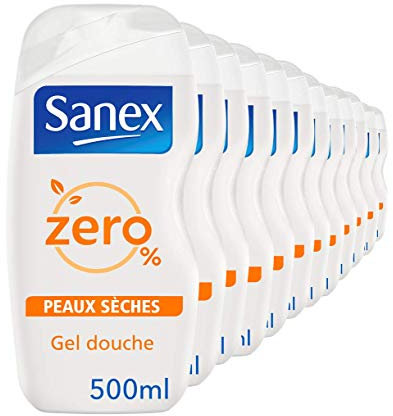 SANEX - Gel de ducha sin jabón para piel seca cero% - Sin colorantes ni sustancias controvertidas - Fórmula respetuosa con el medio ambiente y respetuosa con la piel - 500 ml - Paquete de 12
