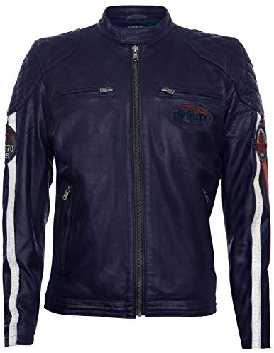 Infinity Leather Chaqueta Hombre de Cuero Azul Marino con Rayas Blancas e Insignias Estilo Motociclista 2XL