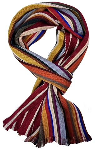Rotfuchs Strickschal Herrenschal Damenschal Unisex reine Wolle gestreift feinstrick mit Fransen mehrfarbig (rot gelb grau)