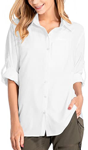 yeyity Blusa de manga larga para mujer, con protección UV, de secado rápido, para senderismo, safari, informal, con botones, para vacaciones en la playa, elegante blusa, Blanco 01, L