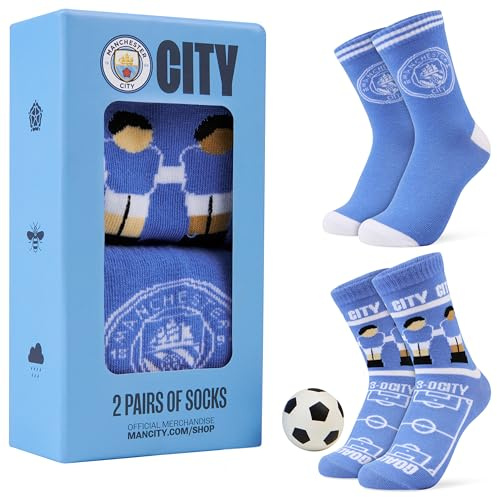 Manchester City F.C. Socks - Paquete de 2 calcetines deportivos suaves y transpirables con balón de fútbol americano para hombre, regalos de ciudad para niños
