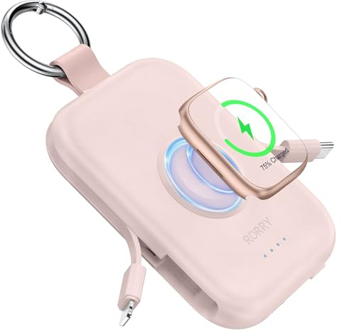 RORRY Power Bank, 5 000 mAh externa mobiltelefonbatterier med inbyggda kablar, nyckelring powerbank kompatibel med iPhone 16 15 14 13 12 11, för Apple Watch 10/9/Ultra 2/8/Ultra/7/6/SE/5/4/3, rosa
