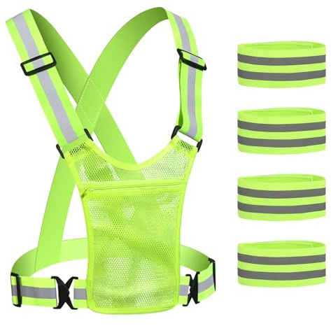 Chaleco Reflectante, Chaleco de Seguridad con 4 Bandas Reflectantes, Chaleco Reflectante Ajustable para Bicicleta Verde Fluorescente Chaleco Reflectante para Correr Senderismo Ciclismo