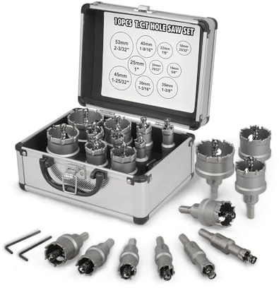 Hoteche Set di 10 seghe a tazza in lega da 16 mm a 53 mm, per metallo, acciaio, lamiera, alluminio, cartongesso, trapano professionale in metallo duro adatto per piastre metalliche da 3 mm con due