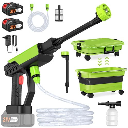 Hidrolimpiadora Bateria, 30 Bar Pistola de Agua a Presión con Cubo Plegable de 22L, 2 Baterías de 3,0 Ah, Boquilla 6 en 1, Hidrolimpiadora Portátil para Coche y Jardín