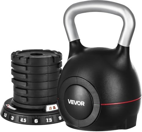 VEVOR Kettlebell Réglable avec 7 Niveaux de Poids 1,5/3/4,5/6/7,5/9/10 kg, Poids de Musculation avec Poignée en Aluminium Moulé sous Pression et Matériau ABS, pour Entraînement de Préhension Fitness