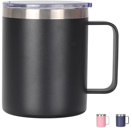 Thermal Mug, Insulated Coffee Mug with Handle and Sliding & Straw Lid, Leakproof Reusable Double Walled Vacuum Stainless Steel Travel Camping Cafe Tumbler Cup,Dishwasher Safe (Black, 12 oz)