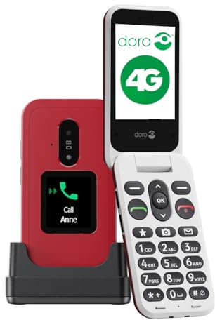 DORO Telefon – Doro Leva E30 – 4G Klapphandy für Senioren – 2,8 Zoll Display, externes Display, kontrastreiche Tasten, klarer Klang, Kamera – Doro Secure-Taste – Inklusive Ladestation – Rot/Weiß