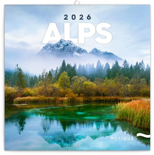 NOTIQUE Calendrier mural 2026 Alpes, brochures avec calendrier mensuel, 30 x 30 cm, 30 x 60 cm, ouvert