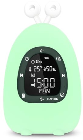 JAMYOK Sunrise Alarm Clock Wake Up Light, White Noise Sound Machine with 20 Soothing Sounds, 10 Night Lights, Wireless Speaker/Temp & Humidity/Rechargeable, Dimmable Clock Gift for Baby Kids Adults