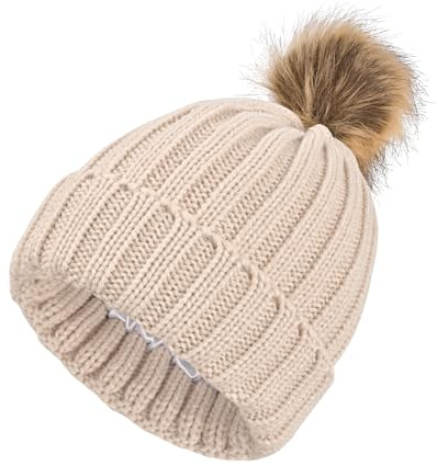 SGQTZDZQ Ladies Satin Lined Beanie, Thermal Silk Lined Beanie Hats for Women, Slouchy Knit Pom Pom Winter Hats for Women Girls (UK, Alpha, One Size, Beige)