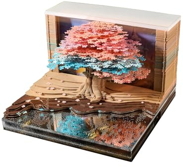 3D Creative Time Piece Calendar 2026 Desk Weekly Calendar Decoration with LED Light and Acrylic Case, Paper Sculpture Non-stick Notes, Paper Carving Art Craft Chirstmas Gift (Tree House)