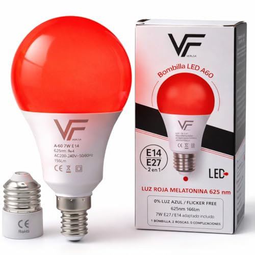 VERLSA Luce Rossa Notturna, Lampada Luce Melatonina 625nm, Attacco E27+E14-2 In 1 - Adattatore Incluso - Lampadina Rossa Da 7W Per La Terapia Del Sonno - 0% Luce Blu - Bilancia Il Ritmo Circadiano