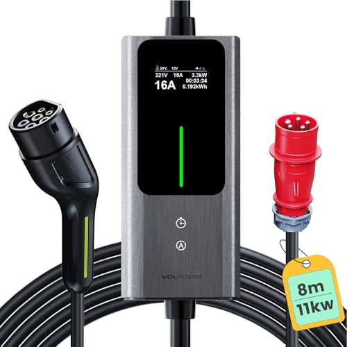 Colonnina Ricarica Auto Elettrica 11kW | 6-16A | 8m, Tipo 2 CEE Wallbox 11kW, Stazione Carichino Auto elettrica Mobile, EV Cavo di Ricarica Tipo 2 con LCD Controllo Digitale, IP65, IEC 62196-2
