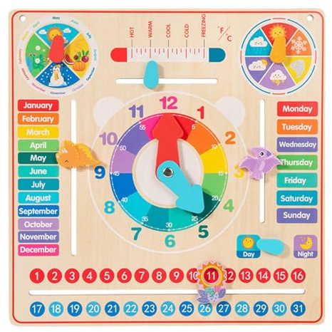 Milageto Reloj de Madera con Calendario, Juguete Educativo, Reloj de Madera para Aprender, Regalo para niños, Juego de Mesa de Aprendizaje para niños