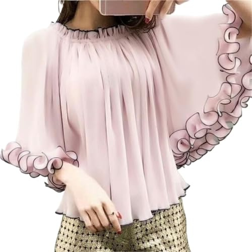 UJEDFHV volangblus för kvinnor kvinnor fladdermusärmar party blus volanger lapptäcke toppar vintage elastisk rund hals tunika casual att justera, ROSA, M
