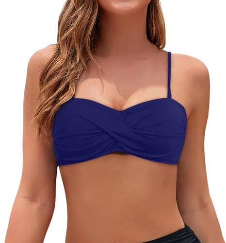 Haut de Bikini Bandeau Femme Push-Up Sexy Bikini Bandeau Col en V Croisée Haut de Bikini Noir Bretelles Amovibles et sans Bretelles Hautde Maillot de Bain avec Rembourrage Amovible