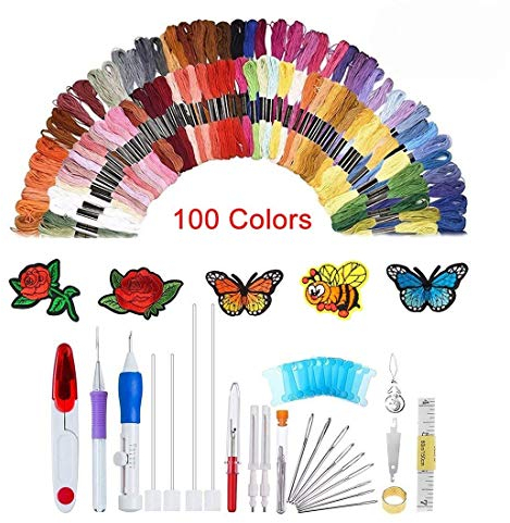 Stickset mit 100 Farben, Stickstift, Nadeln und 138 Farbfäden für Handarbeiten und Nähen