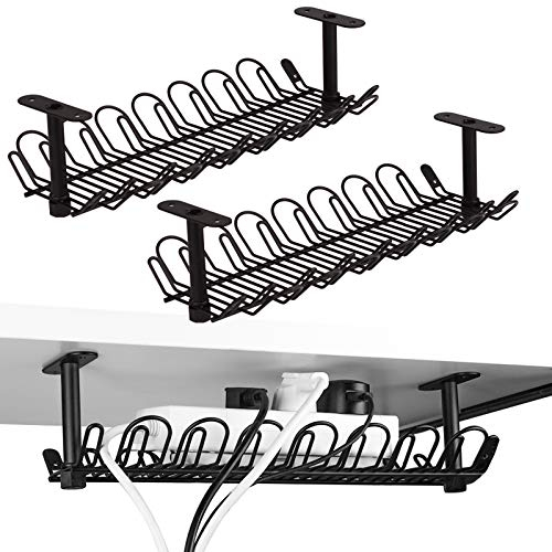 2 Packs Cable Management Tray, 36.5cm Under Desk Cable Holder for Wire Management, Heavy Metal Cord Organizer Ideal for Computer Home Office Standing Tables to Hide Power Strips (Black)