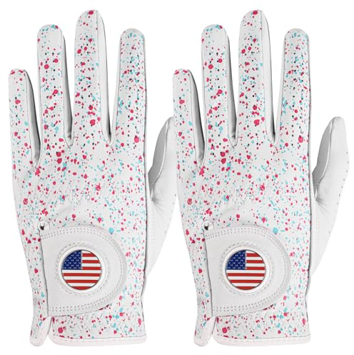 Cabretta Leather Golf Gloves for Men Value 2 Pack, Premium Stylish & Comfortable Left Hand Gloves with Ball Markers for Right-Handed Golfers, Enhanced Grip & Breathability (Dots, Large, Left)