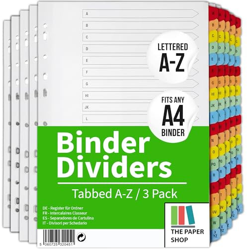 [3 Pack] A4 File Dividers A-Z Tabs | A4 Alphabetical Subject Dividers A-Z with Multipunched Reinforced Colour Tabs 150gsm