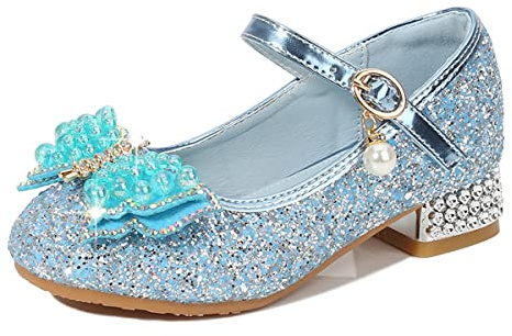 Monissy Princesse Fille Chaussure à Talon Enfant Ballerine Paillettes Papillon Danser Date d'anniversaire Fête des Enfant Sandales Mariage Halloween Noël Carnaval Cosplay Déguisement,Bleu，32