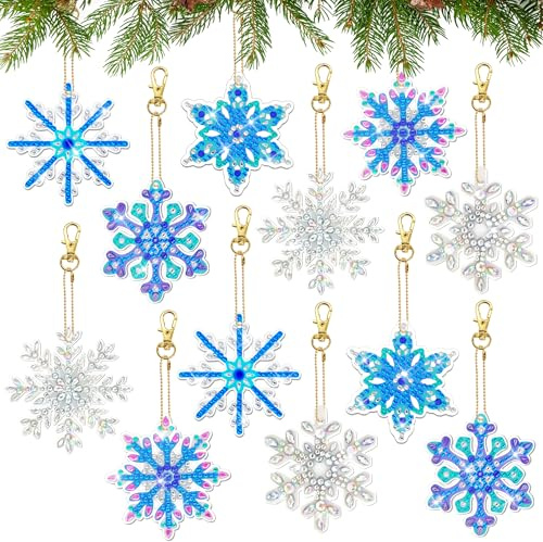 LYLIDIA 12Pcs Diamant Peinture Portes-Clés Noël 5D Diamond Art Painting Keychain Set Pendentifs Diamant Peinture DIY Christmas Diamond Painting Double Face Flocon de Neige Pendentif Décoration Noël