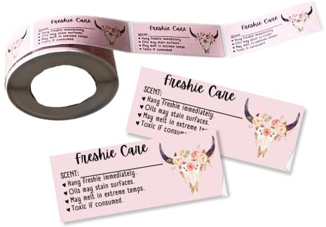 Freshie Care Instruction Card Sticker with Line to Write in Scent | 350 pc roll | Light Pink Bull Skull Fringe Warning Labels Customer Package 1x2.5”