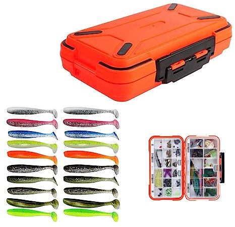 Tacklebox,RoadLoo Kunststoff Tackle Box Fishingtackle Wasserdicht Haken Köderbehälter 30 Faecher wasserdichte Angel Box und 20 Stück Gummifische Gummiköder Softbait für Kunstköder Köderbox (orange)