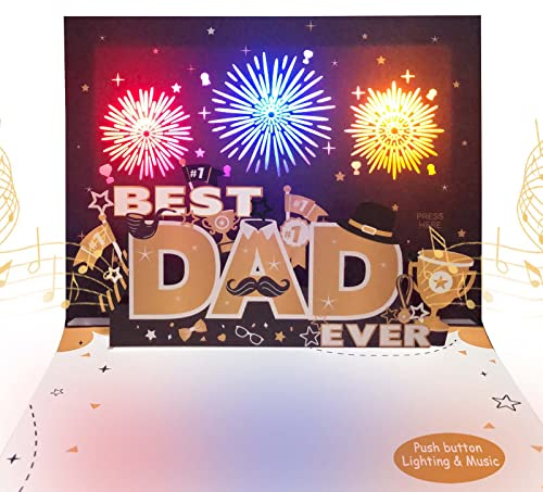 DTESL 3D Pop Up Fatherâs Day Card,Lights & MusicïŒBest Dad Ever card, Fathers Day Cards,Father's Day gift Cards,Father's Day gift,Press the button to release âfireworks and cheersâ
