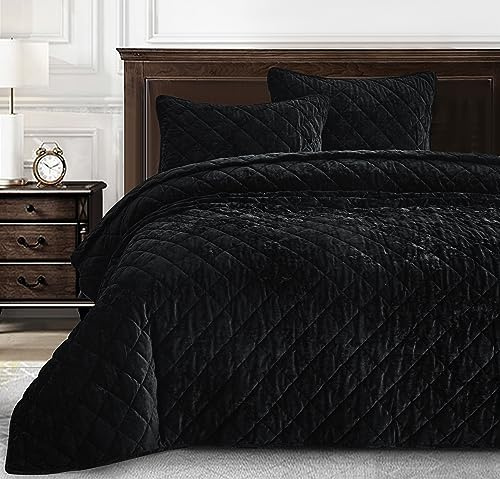 Chezmoi Collection Lux - Juego de edredón de Terciopelo Negro, tamaño King, Ropa de Cama de Terciopelo Envejecido de Felpa exuberante para Todas Las Estaciones, edredón Ligero de Microfibra cepillada