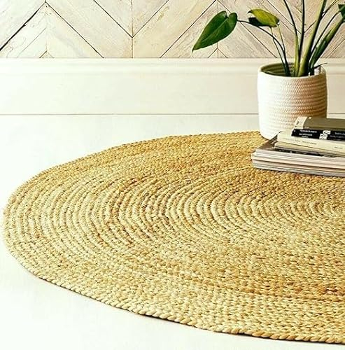 EcoKunst Teppich Jute Rund Wohnzimmer| Ø 180 cm| Modern Handgefertigt 100% Naturfaser Läufer | Boho Deco für Schlafzimmer, Küche, Outdoor, Flur - Beige, EKR-J101
